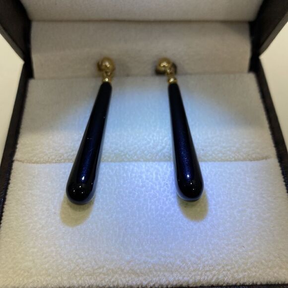 Vintage Long Teardrop Black Onyx Drop Down Earring Studs - Picture 1 of 3